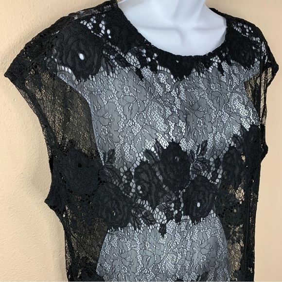 Black Lace Short Sleeve Blouse Stretch Small Goth Glam Modern Movement - Picture 2 of 8